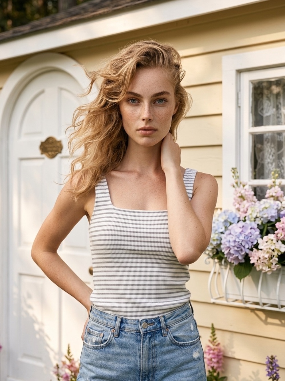 Square-Neck Striped Lined Tank Top in Light Gray and White